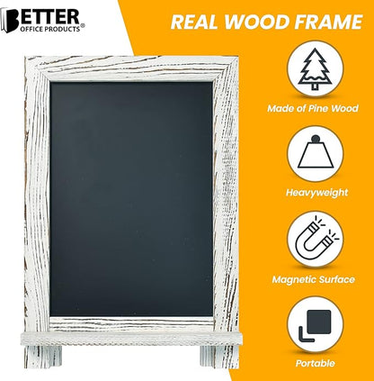 Better Office Products Framed Tabletop Chalkboard Sign, 9.5" x 14", Rustic Wood Frame, Small Magnetic Chalkboard with Built-in Ledge and Folding Stand, One White Chalk Marker Included,(Whitewash)