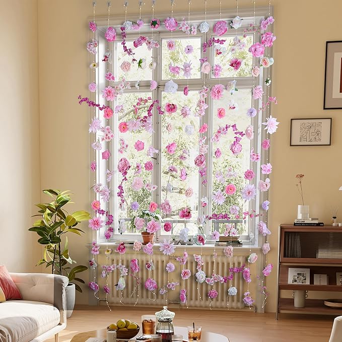 Flower Garlands 12pcs 82.6ft Artificial Hanging Flowers Faux Floral Vines Wildflower Wall Backdrop for Wedding, Party, Events, Home Ceiling Curtain Decor(Single Piece is 6.8ft)-Light Pink