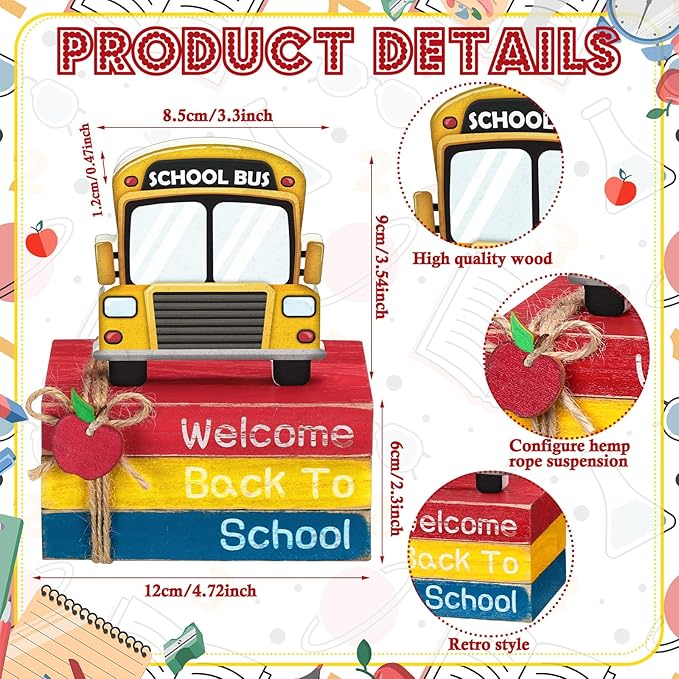 4 Pcs Back to School Table Decorations First Day of School Tiered Tray Decorations Decorative Mini Wooden Books Subject Signs for Office Shelf Classroom Tabletop Bookshelf(Bus)