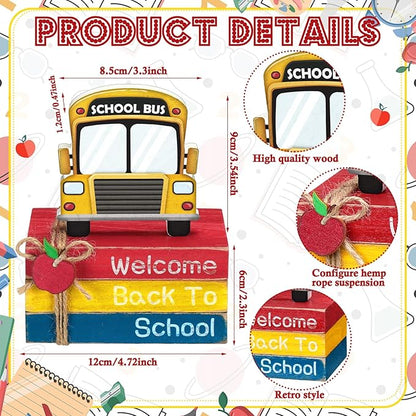 4 Pcs Back to School Table Decorations First Day of School Tiered Tray Decorations Decorative Mini Wooden Books Subject Signs for Office Shelf Classroom Tabletop Bookshelf(Bus)