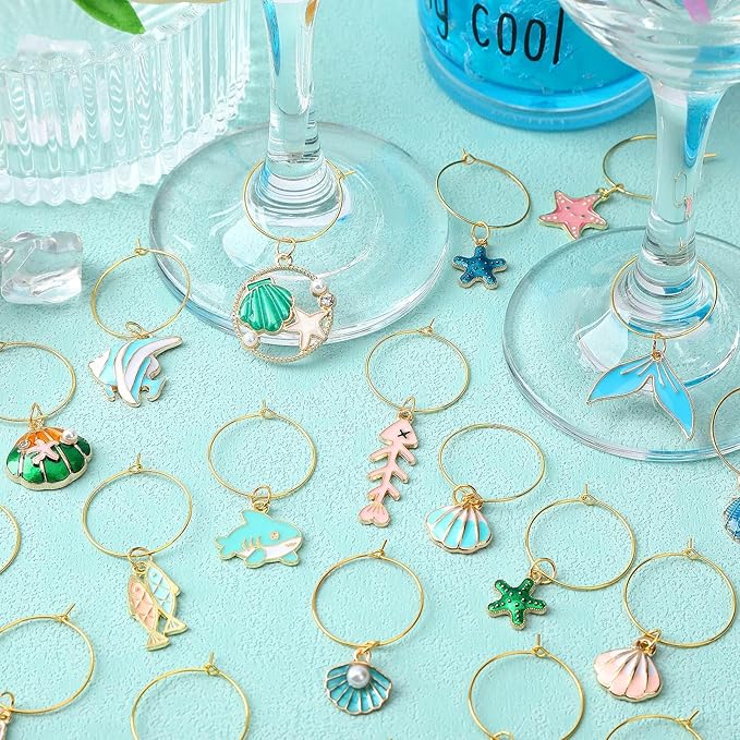 SANNIX 24pcs Ocean Wine Glass Charms for Stem Glasses, Wine Party Decorations