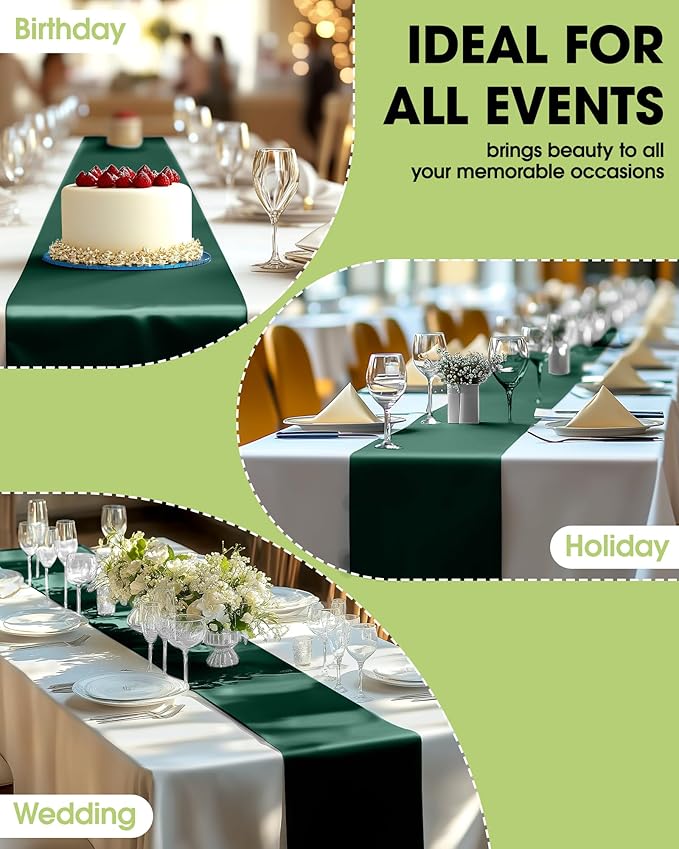 Pureegg Emerald Green Plastic Table Runners - 10 Pack, 14'' x 108'', Water Resistant & Disposable Centerpiece Decorations for Table Cloth, Wedding, Birthday, Holiday, Baby Shower, Party, Home Decor