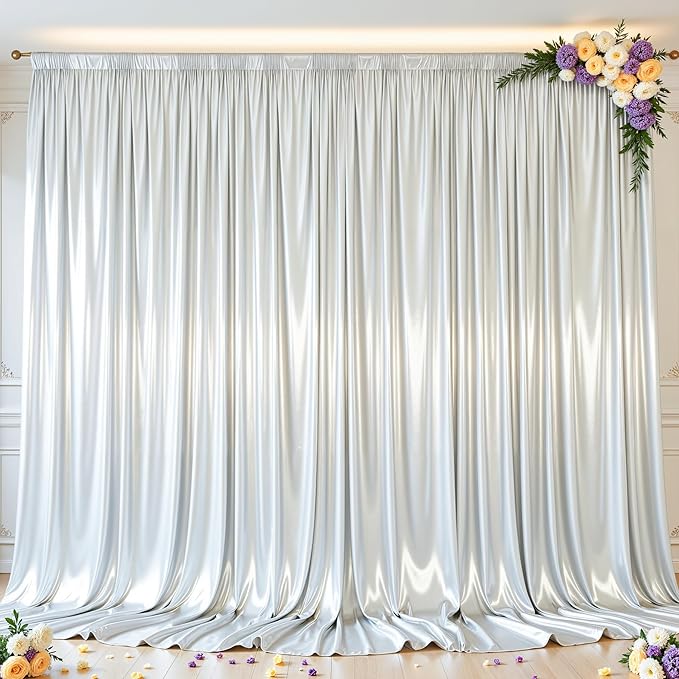 Silver Glitter Backdrop Curtain for Parties Wedding,10Ft x 10Ft Satin Shimmer Photo Backdrop,Non-Wrinkle Sparkle Drapes for Backdrop,Back Drop for Photography, Birthdays,Weddings,Prom