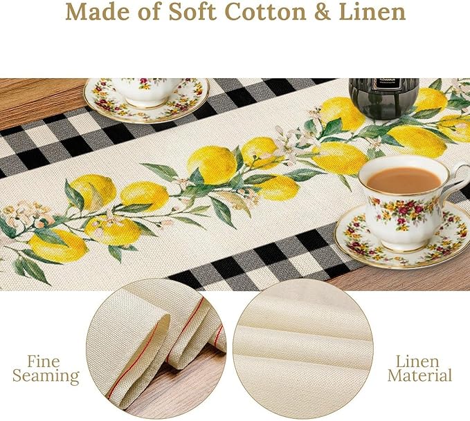 Lemon Table Runner,Black Buffalo Plaid Lemon Table Runner Farmhouse Style Spring Summer Home Kitchen Dinding Room Table Decoration 13x36 Inch