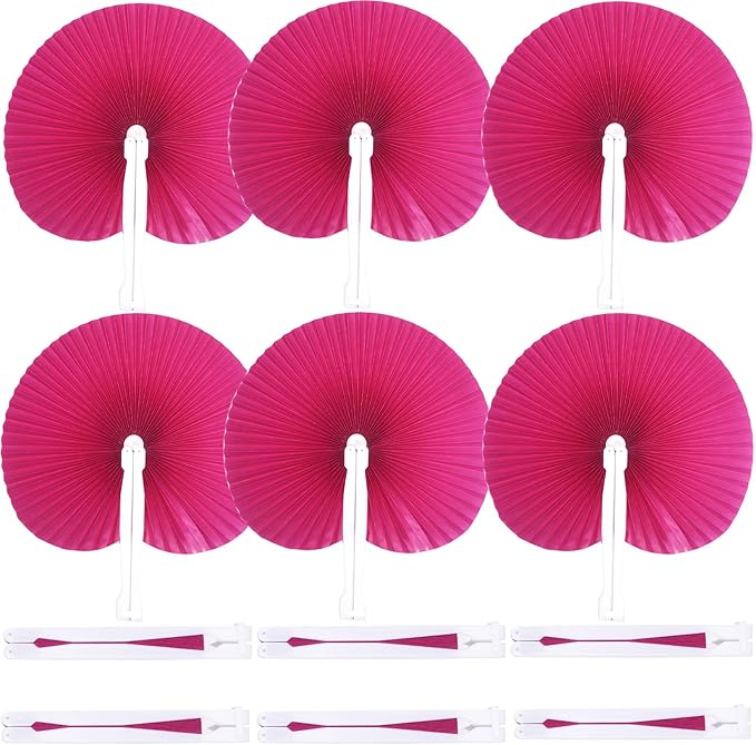 12 Packs Decorative Paper Folding Hand Fans Handheld,Hot Pink Round Foldable Wedding Fans Chinese and Japanese Fans Bulk for Bridal Guest Church Party Favors Dancing Birthday DIY