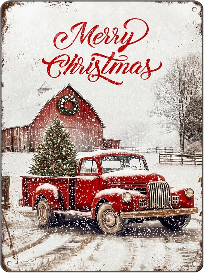 Vintage Christmas Red Truck Tin Sign Merry Christmas Truck Christmas Tree Metal Tin Sign Winter Rustic House Yard Xmas Pickup Holiday Wall Decorations Tin Sign 12x16Inch