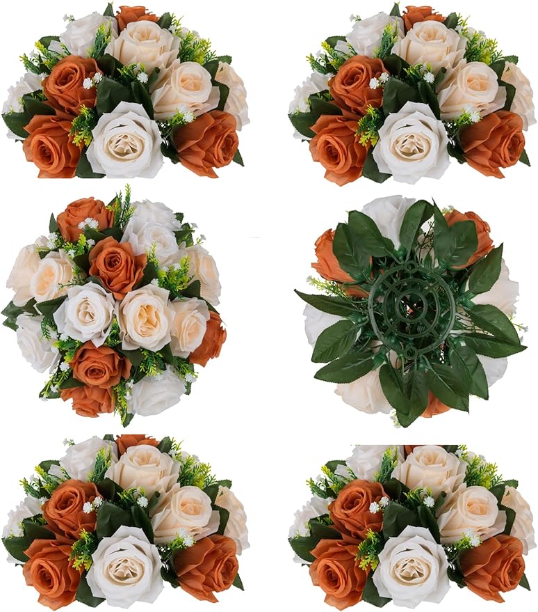 BLOSMON Terracotta Flowers for Wedding Centerpieces: 6 Pcs Fake Rose Kissing Balls Fall Table Decor - Artificial Silk Bouquet with Base Floral Arrangements Home Party Room DIY Decorations