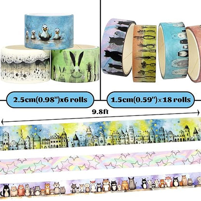 Cute Washi Tape Set - 24 Rolls Kawaii Animals Decorative Washi Tape for Scrapbooking Supplies, Bullet Journal Supplies, Junk Journal, Kids Art Craft Tape
