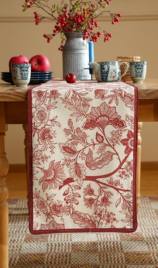 ISAENNE Designer Chinoiserie Elegant Linen Table Runner 71 Inches Long,Red Floral Pattern Decor Table Runners for Thanksgiving,Dining Room,Banquet,Kitchen Tables,Christmas,12"*71"-Ruyi A