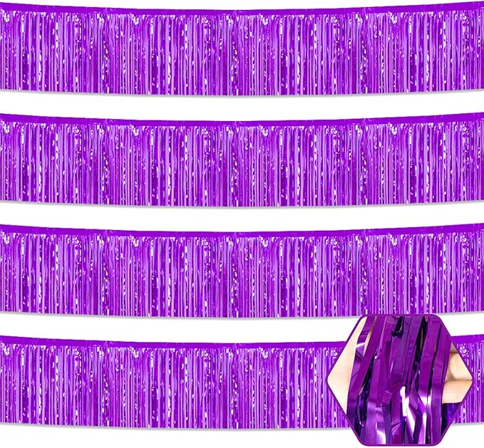 4 Pack 10 Feet Purple Foil Fringe Garland Metallic Tinsel Streamers Banner Wall Hanging Curtain Backdrop for Parade Floats, Wedding, Graduate, Mother's Day, Birthday Party Decoration