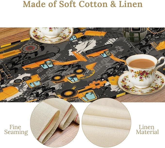 Cartoon Car Table Runner,Boy Kids Construction Yellow Tractor Excavator Tablecloth Burlap for Hotel Indoors Outdoor Dining Room Kitchen Home Decor,W13X L36 in