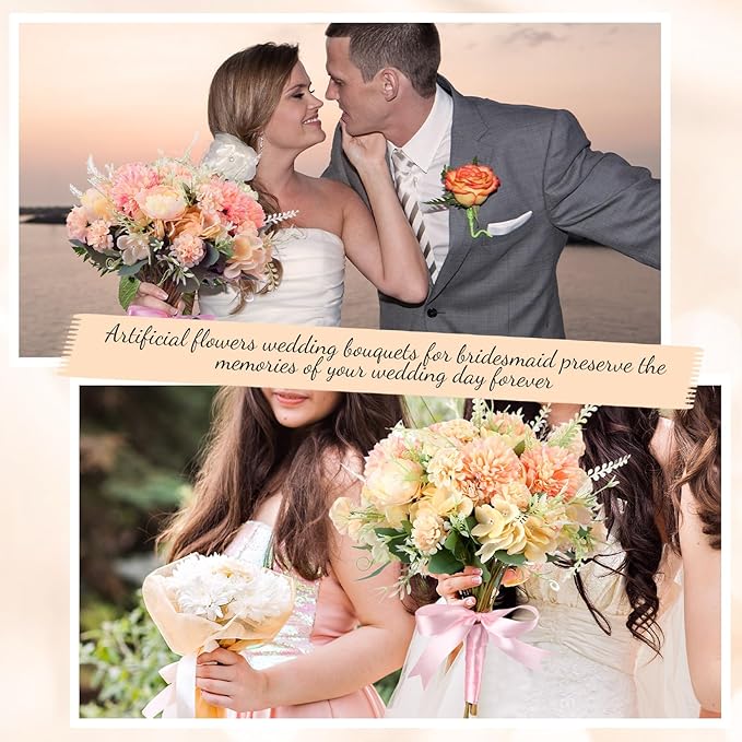 Tigeen Artificial Flowers Artificial Peonies Silk Flowers Faux Peony Fake Peony Silk Hydrangea Bouquet for Wedding Table Centerpiece Floral Vase Decor(Orange,12 Bundles)