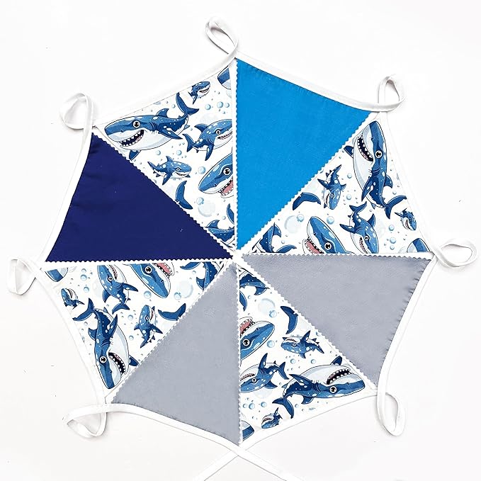 32Ft Shark Party Decorations Blue Cute Shark Triangle Flag Pennant Banner Fabric Garland Streamer for Kids Boys Ocean Birthday Sea Animal Nautical Baby Shower Under The Sea Party Decor Supplies