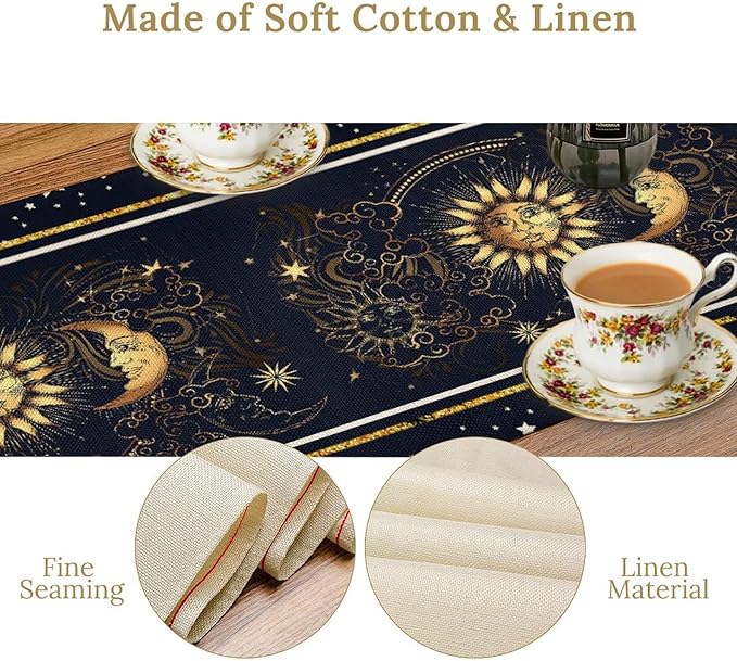 Sun Moon Table Runner, Seasonal Golden Sun Moon Holiday Kitchen Dining Table Runner for Kitchen Living Room Home Party Decor 13x70 Inch
