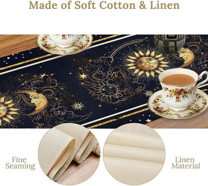 Sun Moon Table Runner, Seasonal Golden Sun Moon Holiday Kitchen Dining Table Runner for Kitchen Living Room Home Party Decor 13x90 Inch
