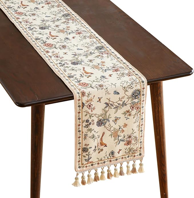ISAENNE Designer Linen Table Runner 71 Inches Long,Elegant Floral Bird Pattern Table Runners for Dining Room,Farmhouse Rustic Kitchen Decor,Thanksgiving,Christmas,12"*71"-Cornucopia