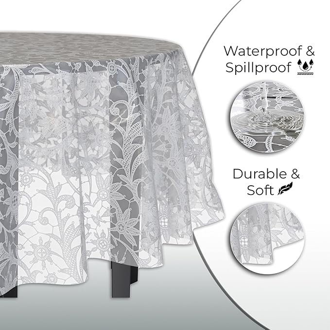 Exquisite Lace Table Cloth Round Table Plastic 12-Pack Lace Tablecloth Round 84" | White Floral Tablecloth Disposable | Wild Flower Party Decorations & Party Supplies