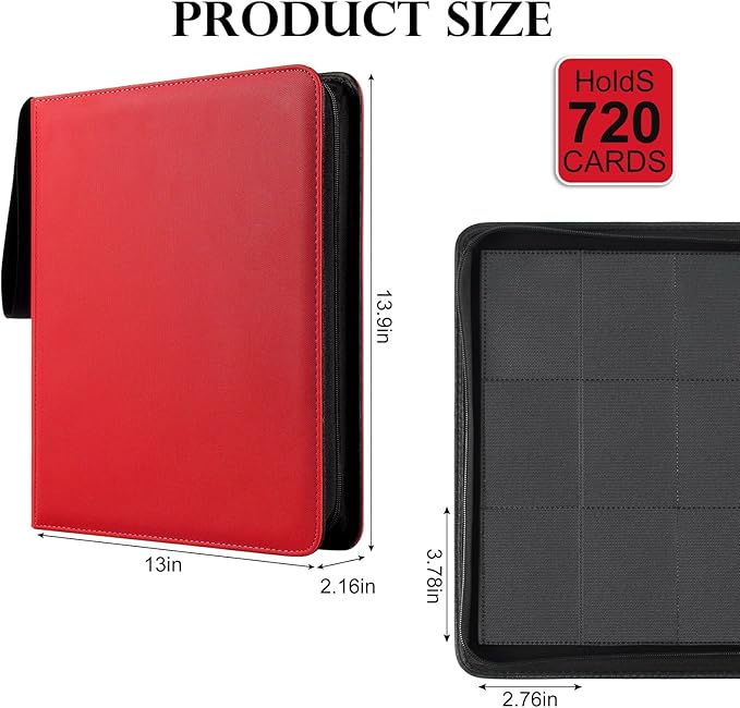 GEAoffice 12 Pocket Trading Card Binder for 720 Cards, Sturdy PU Cover Side Loading Zipper Collection Binder Album for MTG, TCG, Game & Sports Cards, Ringless, Non-PVC, Red