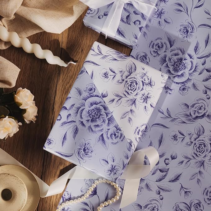 WRAPAHOLIC Jumbo Reversible Floral Wrapping Paper Roll - 30 Inch x 33 Feet - Purple Flower Wrapping Paper for Wedding, Bridal Shower, Mother's Day, Birthday, Baby Shower