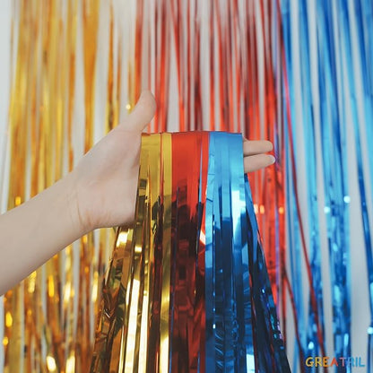 Gold Red Blue Party Backdrop - GREATRIL Tinsel Fringe Curtain for Paw Birthdays Decorations 2 Packs