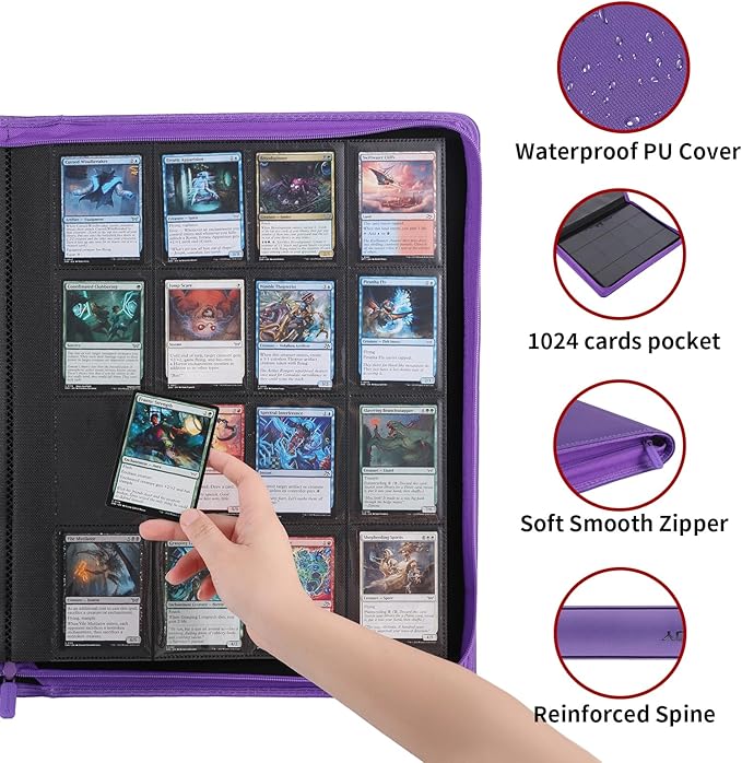 Snekdy premium 1024-pocket trading card binder, 16-pocket cards album, waterproof PU-leather Cover album with side loading, holds gaming, baseball, basketball & sports cards (Purple)