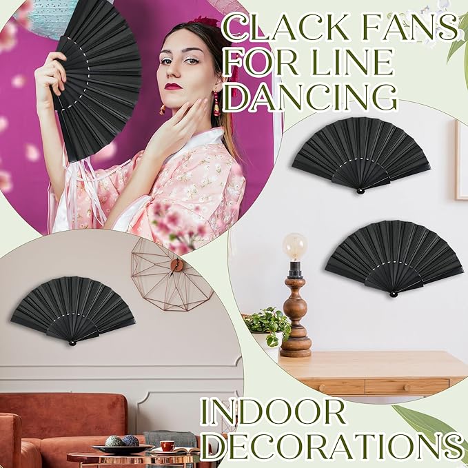 Wenqik 80 Pcs Wedding Folding Hand Fans Bulk Silk Fabric Chinese Handheld Foldable Clack Fans with Plastic Ribs for Party, Wedding Gifts, Line Dancing, Home Decorative (Black)