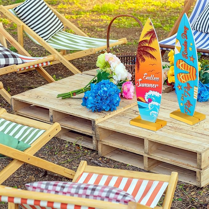 Blulu 4 Pcs Surfboard Table Decorations Surfboard Beach Signs Welcome to Paradise Sign Tropical Bar Table Centerpieces Endless Summer Wood Decor Flip Flop Letters for Home Decor(12.6 x 3.66 Inch)