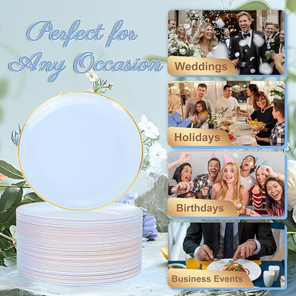 Festiva 200Pcs Blue Gold Cake Plates 6.3" with Plastic Forks 5"- Disposable Blue Dessert/Appetizer/Salad Plates- serve 100 guests for Party&Wedding&Easter
