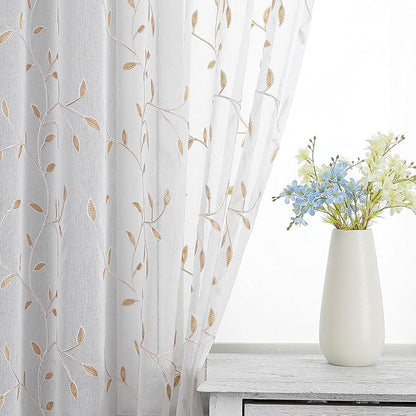 VISIONTEX White Sheer Voile Curtains, Decorative Orange Leaves Embroidery Faux Linen Rod Pocket Window Drapes for Home Kitchen, Living Room and Bedroom 54 x 54 Inch, Set of 2 Curtain Panels