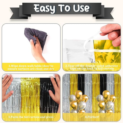 2 Pack Black Gold Silver Foil Fringe Backdrop Curtains, Tinsel Streamers Party Decorations, Fringe Backdrop, Door Shimmer for New Years or Birthday Party