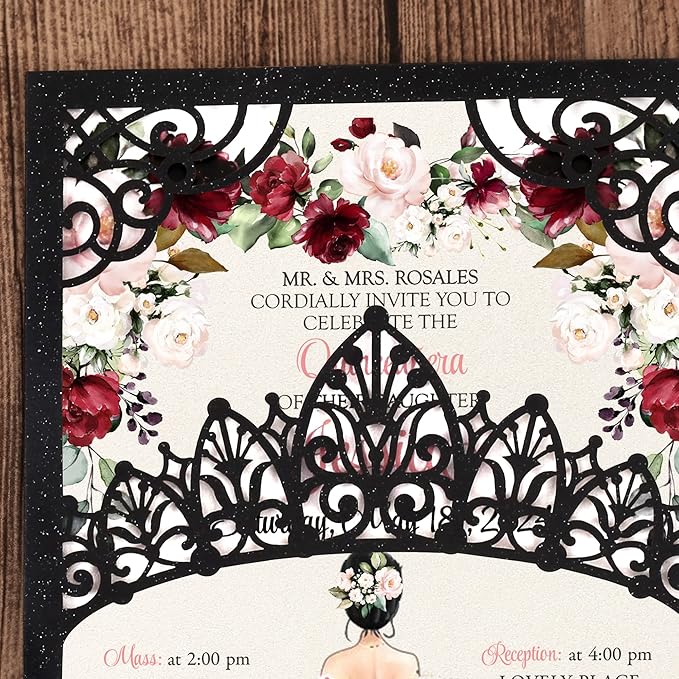 50Pcs Pink Crown Invitations for Quinceanera, 15 year, Sweet 16, Miss XV, Birthday Laser Cut Quince Invitation Cards Personalized Pearlized Black