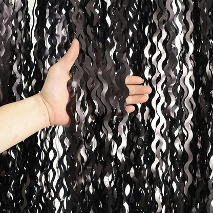Black Foil Fringe Curtains Party Decorations - 4 Pack 3.3 ft x 6.6 ft Foil Party Curtain Streamer Backdrop for Halloween | Graduation | Fiesta Birthday Decor