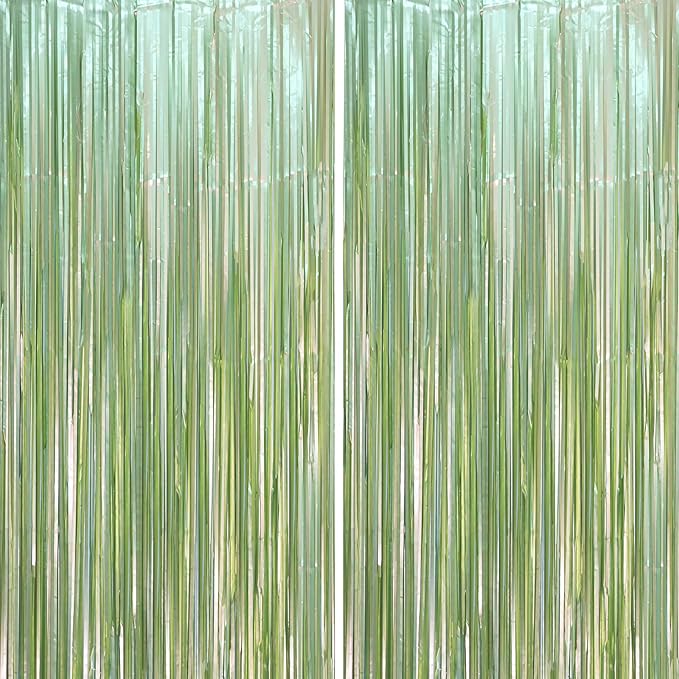 2 Pack Sage Green Foil Fringe Backdrop Curtains, Tinsel Streamers Party Decorations, Fringe Backdrop, Door Shimmer for Baby Shower or Birthday Party