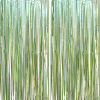 2 Pack Sage Green Foil Fringe Backdrop Curtains, Tinsel Streamers Party Decorations, Fringe Backdrop, Door Shimmer for Baby Shower or Birthday Party