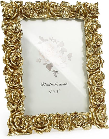 Cuspin Vintage Gold 5x7 Picture Frame, Gold Ornate Rose Flower Resin Photo Frame with Glass Front for Tabletop, Antique Picture Frames Photo Gallery for Home Office Decor