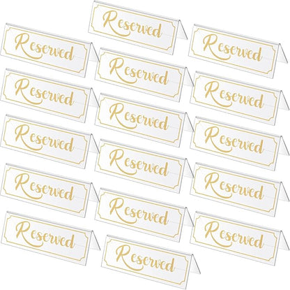 Jetec 16 Pieces Reserved Sign Acrylic Clear Reserved Table Tent Signs Table Number Holders for Wedding Printed Seating Reservation Restaurant Business Office Meeting Party (Gold)