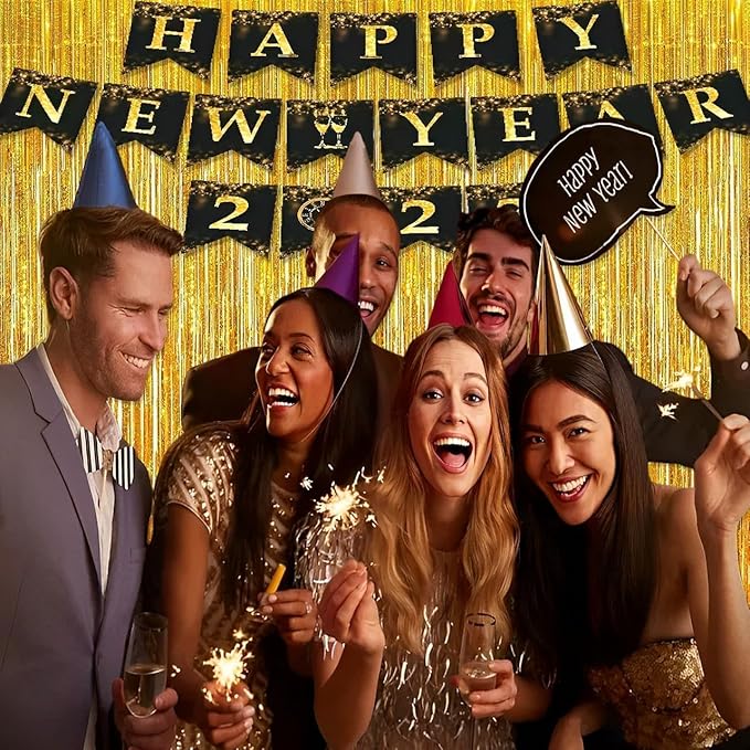 BRAVESHINE Gold Tinsel Foil Fringe Curtains - 2Pcs 3.2x8.2ft Holidays Photo Backdrop for Men 60th Birthdays/Bridal Wedding/Engagement/Anniversary/Hawaiian/Luau/Christmas/New Years Party Decorations