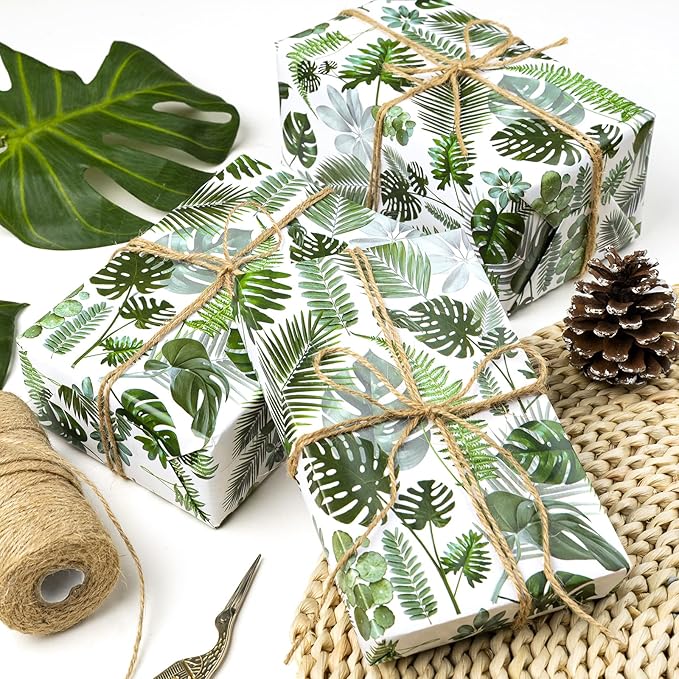 WRAPAHOLIC Reversible Tropical Wrapping Paper - Mini Roll - 17 Inch X 33 Feet - Green Monstera Leaf Hawaii Wrapping Paper for Birthday, Wedding, Bridal Shower, Baby Shower