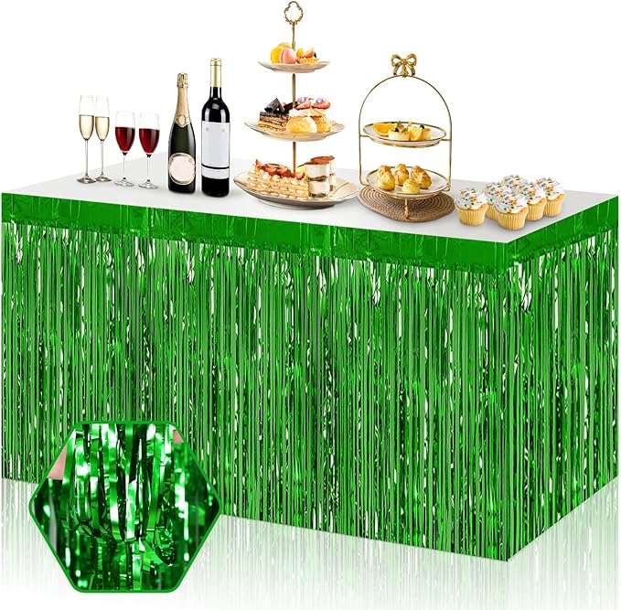 3 Pack 29x108 Inch Green Foil Fringe Table Skirts Metallic Banner for Tinsel Streamer Garland Backdrop for Parade Floats Wedding Thanksgiving Birthday Christmas Halloween Party Decoration