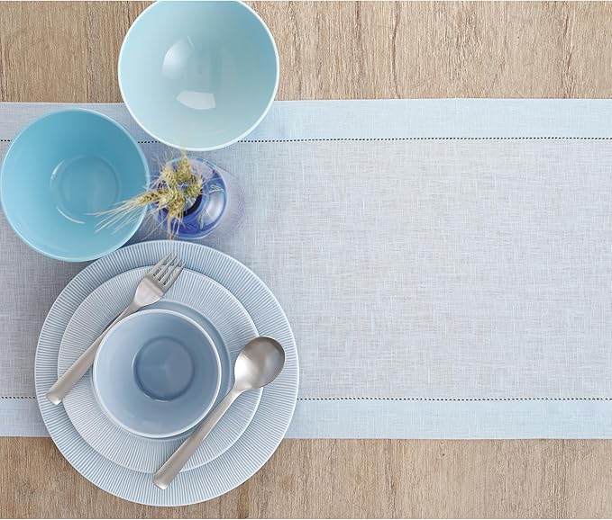 Solino Home Linen Light Blue Table Runner 120 Inches Long - 100% Pure Linen 14 x 120 Inch Table Runner - Classic Hemstitch