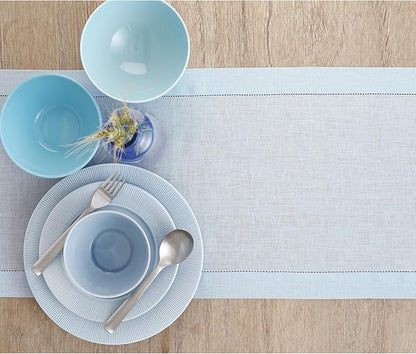 Solino Home Linen Light Blue Table Runner 36 Inches - Classic Hemstitch, 100% Pure Linen Coffee Table Runner 14 x 36 Inch Ideal for Dresser Tables