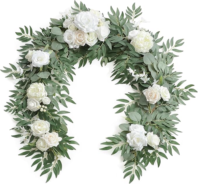Floroom 6ft Artificial Eucalyptus Garland with Flowers Fake Greenery Faux Floral Vine Garland for Table Decor Wedding Centerpieces Bridal Shower Party Decorations, Ivory White