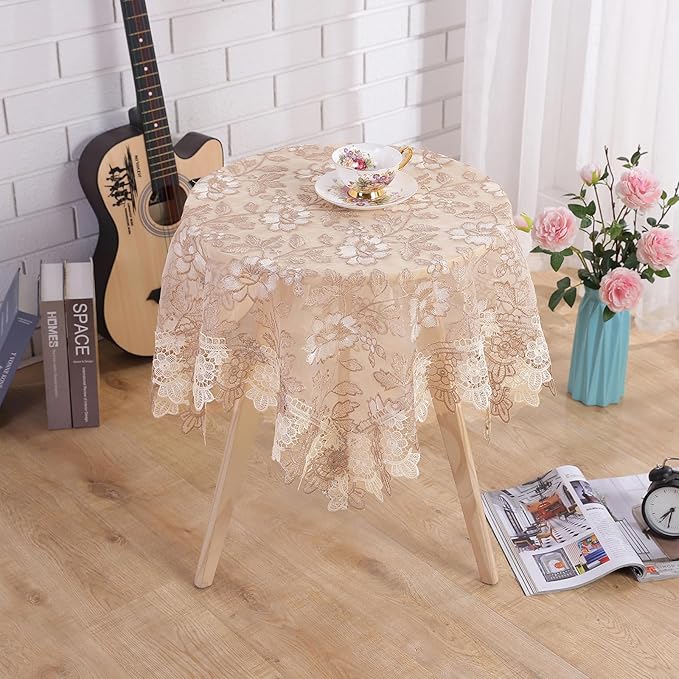 Round Embroidered Lace Tablecloth Vintage Decorative Exquisite Border Table Cover for Party Wedding Home Decorations, Round-35, Beige