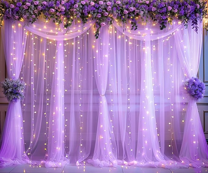 Lavender Tulle Photo Backdrop Curtain with Lights String for Parties Wedding Bridal Shower Sheer Lavender Curtain Backdrop for Birthday Baby Shower Photo Booth Photography 10ft x 8ft