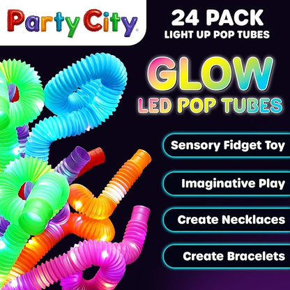 Party City 24pk LED Light Up Pop Tubes 25”- 3 Mode Stretchy Tubes LED Light Up Toys Bulk Glow Sticks Party Favors for Kids Necklaces Bracelets Neon Glow in the Dark Supplies Fidget Sensory Tube Pack
