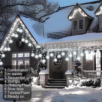 Christmas White Icicle Lights with Snowflake, 150 LED Curtain Lights with 8 Lighting Modes, Plug in Twinkle Lights for Home Christmas Wedding Party Decoration