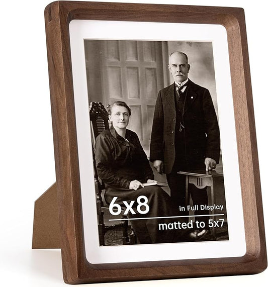 6x8 Frame USA-Sourced Natural Walnut Wood Solid Wood Photo Frame Handcrafted Rounded Corner with Mat to 5x7 Picture Frames Display with Real Glass Family Picture, Wedding Picture, Photo, Certificate