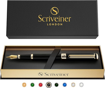 Scriveiner Black Lacquer Fountain Pen - Stunning Luxury Pen, Real Gold Plating, Schmidt Gilded Nib (Fine), Best Pen Gift Set for Men & Women, Professional, Executive, Office, Nice Pens