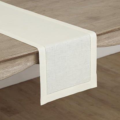 Solino Home Linen Ivory Table Runner 72 Inches Long - 100% Pure Linen Hemstitch Table Runner 14 x 72 Inch for Dresser, Dining, Fall, Halloween, Thanksgiving, Christmas, Holiday - Classic Hemstitch