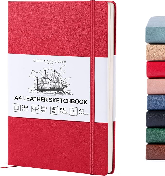 Beechmore Books A4 Sketchbook – 8.5x11 Premium Vegan Leather Bound Large Sketch Book Hardcover with 156 Thick 160gsm Perforated Ivory Pages, Blank Sketch Pad, Gift Boxed, Back Pocket, Ribbon Bookmark